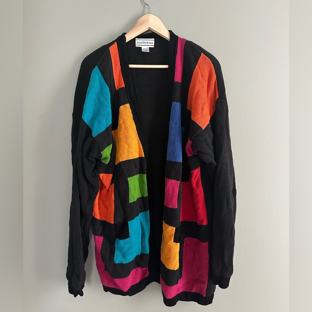 Vintage Oversized Knit Cardigan with Bright Blocks